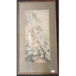 Chinese Framed hand painted panel on a screen depicting a tiger, signed [84x45cm]