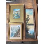 Three various antique watercolours, Venice scene, Waterfall mid eastern scene and river and rural