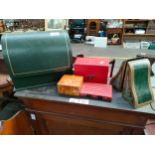 Green leather letter holder, leather and painted bookends, book paperweight and other odds