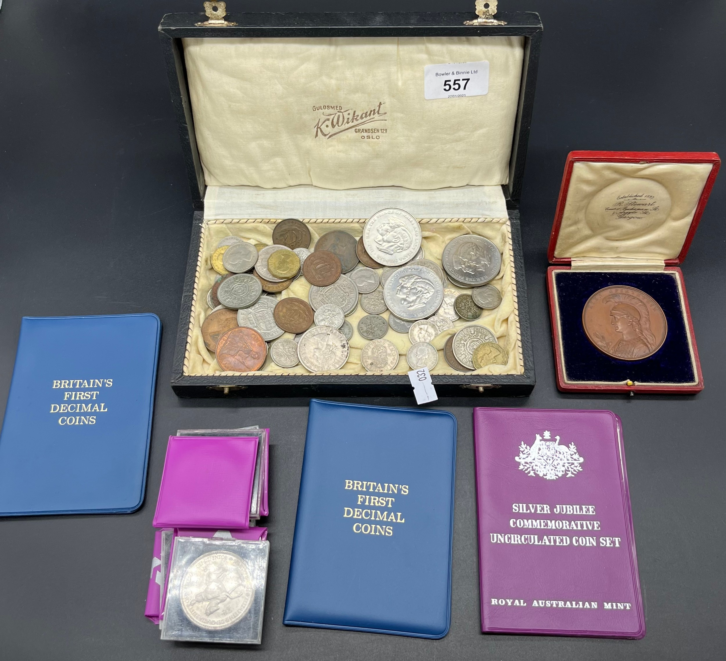 A Collection of mixed world coins includes mostly British, Crowns, Britain's First Decimal coins