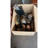A Box containing silver plate, brass and pewter wares