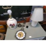 Two studio Pottery table lamps and Schats wall clock.