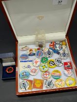 A Selection of vintage pin/ button badges, mostly motor inspired. Includes ESSO man figure,