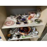 Two shelves of collectables to include E.P Cruet/ condiment set, trinket boxes and dishes etc