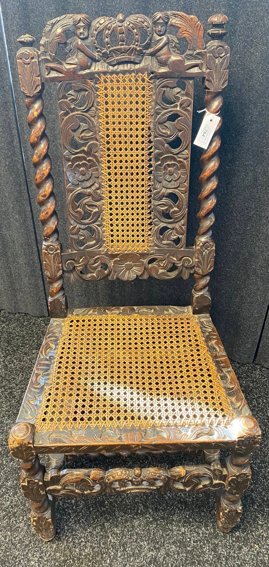 Charles II Walnut side chair- 17th century- the toprail pierced and carved with a crown flanked by - Image 4 of 10