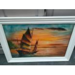 Oriental junk boat oil painting in fitted framing unsigned ?