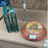 A Vintage wood and metal stud trinket box with painting of Notre Dame to the lid. Together with