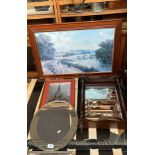 Antique wall mirror with bevel cuts, Bridge scene print and mirror frame etc