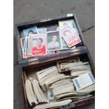 Wooden box containing cigarette cards and playing cards to include A&BC Football playing cards to