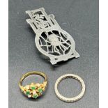 935 Silver and clear stone band ring, a 9ct yellow gold ring set with opals and emeralds [missing