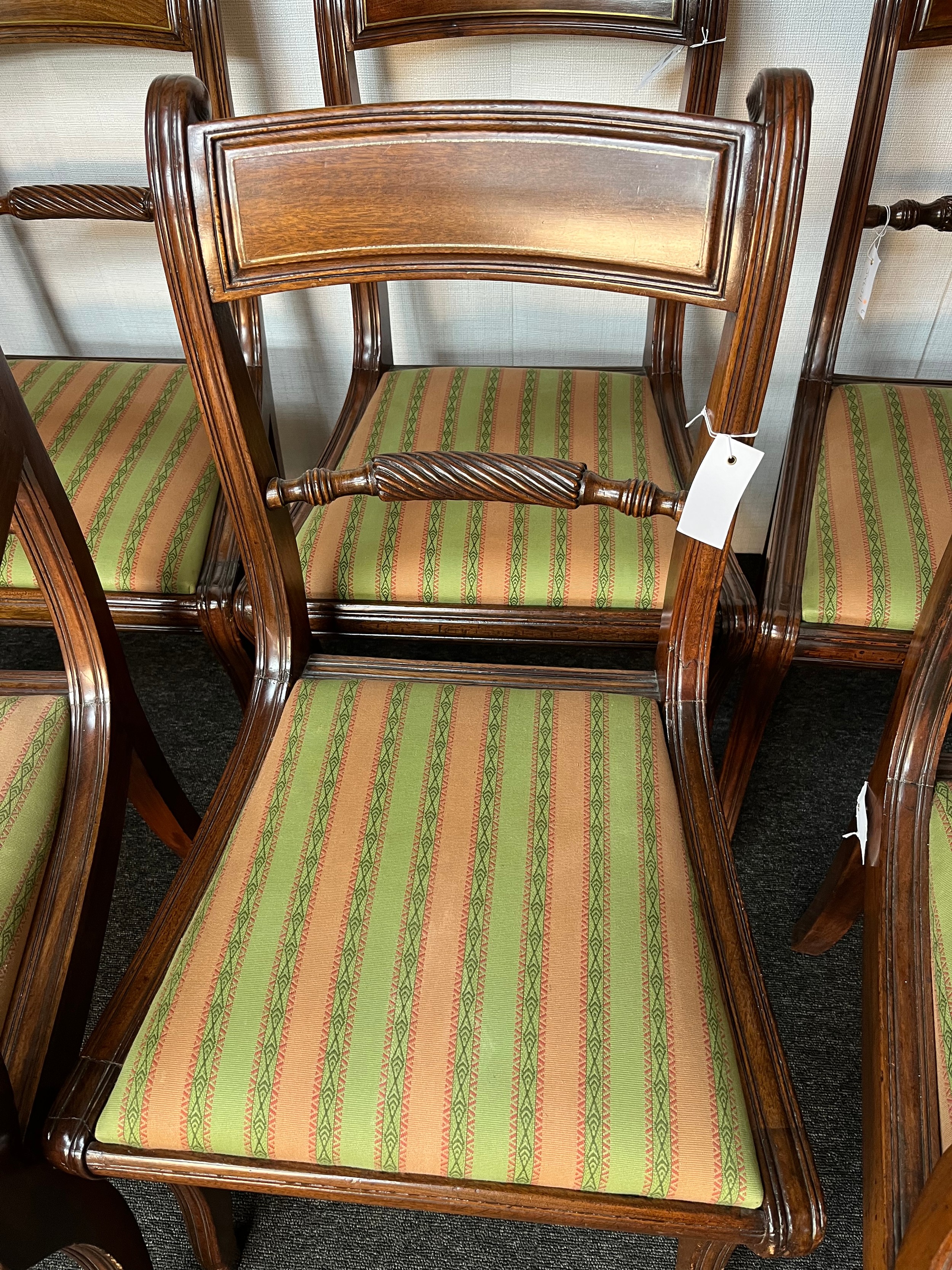 Set of six regency brass inlaid dining chairs, Early 19th century, the bar backs with brass line - Image 6 of 7