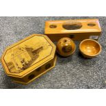 A Selection of Mauchline ware boxes, bowl and ball thread dispenser.