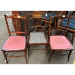 Three Edwardian bedroom chairs. All showing detailed inlays