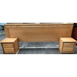 Mid century light wood headboard with attached bedside cabinets. Possibly Danish.
