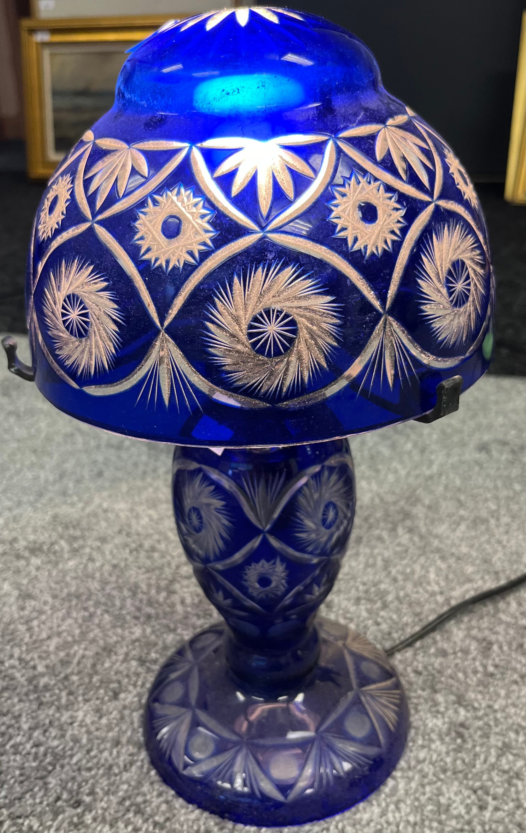 Bohemian facet cut crystal mushroom table lamp- blue overlay design. [35cm high]