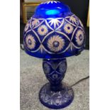 Bohemian facet cut crystal mushroom table lamp- blue overlay design. [35cm high]