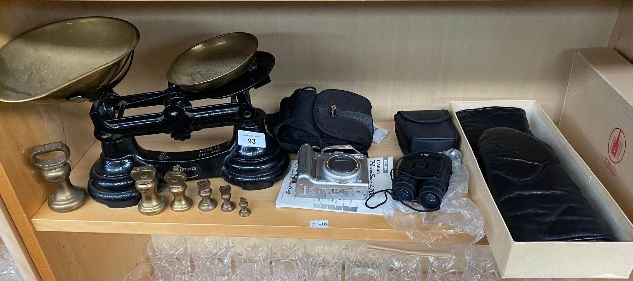 A Shelf of collectables to include Librasco kitchen scales with brass weights, Canon digital camera, - Image 2 of 2