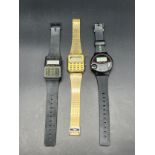 Three vintage watches, Talking quartz watch, Casio Lithium Alarm Chrono- CFS-80 Watch and Casio gold