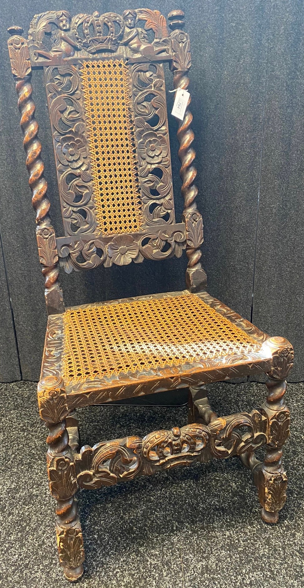 Charles II Walnut side chair- 17th century- the toprail pierced and carved with a crown flanked by
