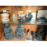 Two shelves of collectables to include Royal Doulton Toby Jug, ink well stand, Lladro sign and