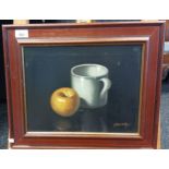 Romay Oil on canvas depicting a still life of a cup and an apple. [39x47cm]