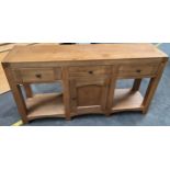 Solid light wood contemporary sideboard, centre door opens to reveal a wine rack