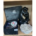 Boxed Gleneagles crystal brandy glasses, soapstone lidded dish and contemporary couple figurine,