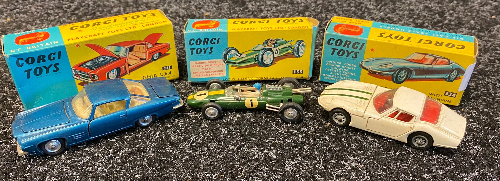 3 Original boxed corgi models to includes Marcos Volvo, lotus climax F1 and Ghia L 6.4 model cars