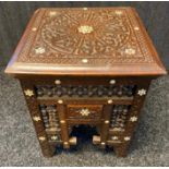 Antique Moorish mother of pearl inlaid hardwood side table. [Chip to corner- see images] [54x41.