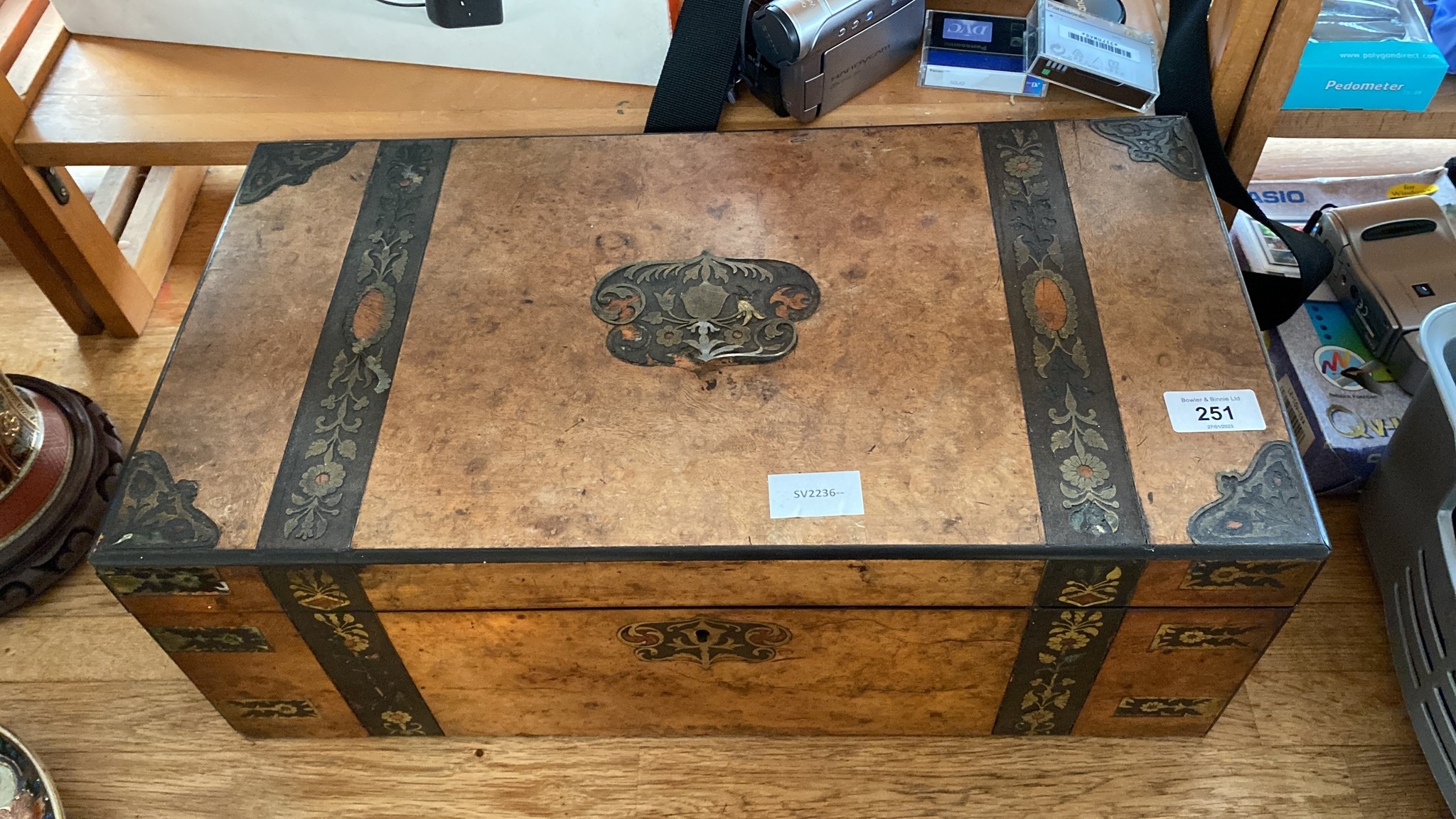 19th century burr walnut and brass inlaid writing slope box.