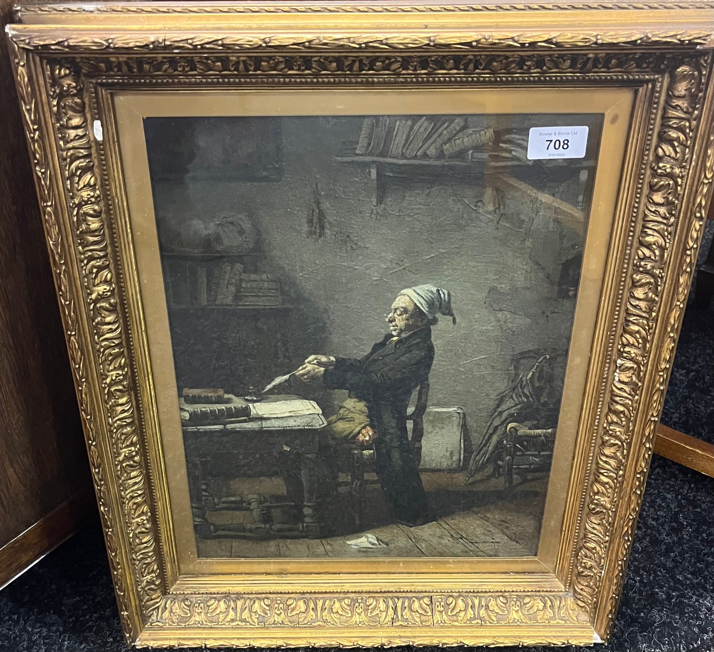 18th/ 19th century painting on canvas depicting a man seated at desk with eerie back drop wall - Image 2 of 6