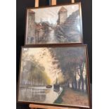 Coloured etchings depicting canal and village scene. These have been cut down to size to fit the