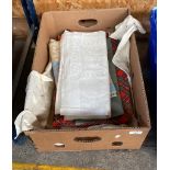 A Box containing a quantity of vintage linen to include Forth Bridge linen set etc