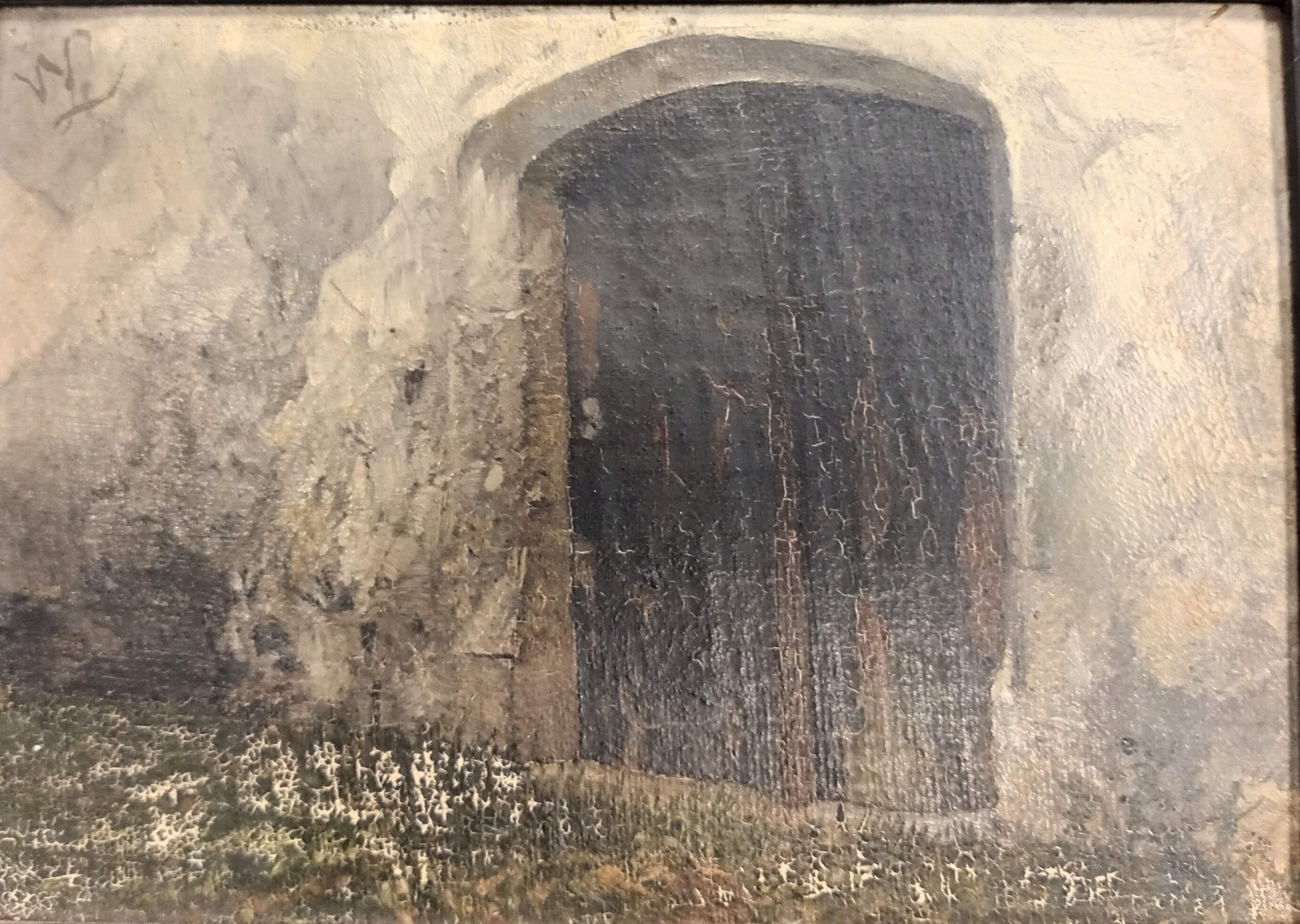 Antique oil on board depicting entrance to a building, signed WL in a dark wood frame [20x25cm]