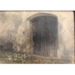 Antique oil on board depicting entrance to a building, signed WL in a dark wood frame [20x25cm]