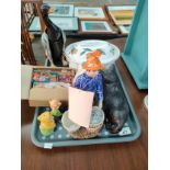 Tray of collectables to include bretby cat, Duck brush, Worcester lidded dish, Fisherman figurine,