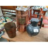 Antique wood and metal drinking cup, Pewter and wooden handle pouring jug and brass and copper large