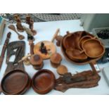 Collection of treen wooden items to include bowls, carved figures and mushroom sculptures