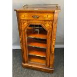 Edwardian Rosewood veneer and inlaid music cabinet. Detailed with brass gallery top section. [