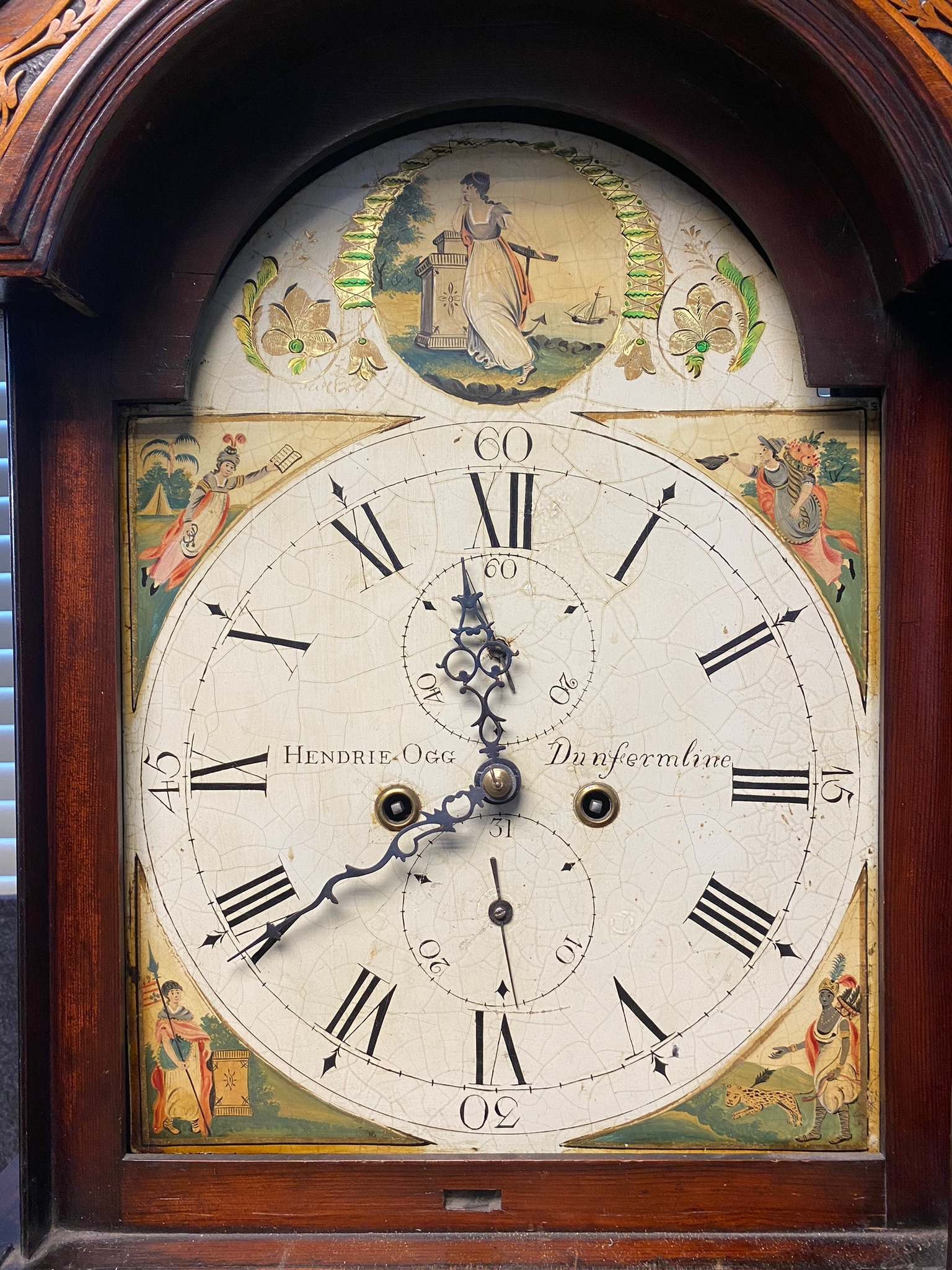 18th/ 19th century Dunfermline Grandfather clock with hand painted face depicting round cartouche - Image 12 of 12