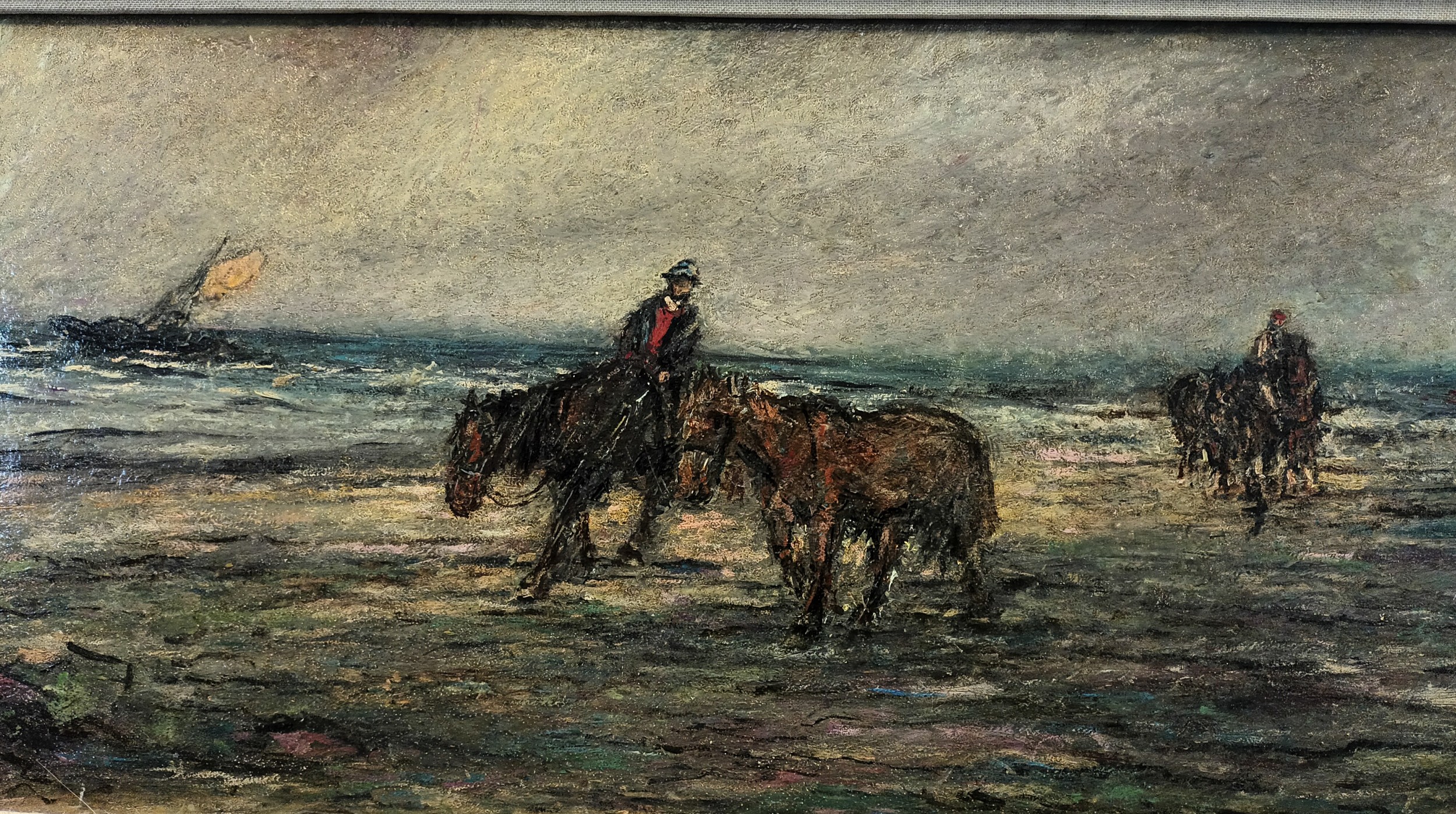 John Maclauchlan Milne RSA (1885-1957) Oil on board Titled 'Walking The Horses' [45x70cm] - Image 3 of 6