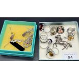 A Collection of silver jewellery to include 8 various rings, silver horse brooch, Silver apple