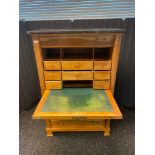 19th Century Camphor wood Secretaire with marble top. Pull down middle section to reveal green