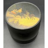 Antique preserve pot with hand painted lid. Lid depicts Horses pulling a family along in a cart. [