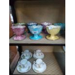 A Lot of 7 Maling leaf dessert dishes together with four art deco hand painted cups and saucers by