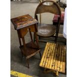 Vintage folding chair, bamboo folding stool and arts and crafts two tier plant stand.