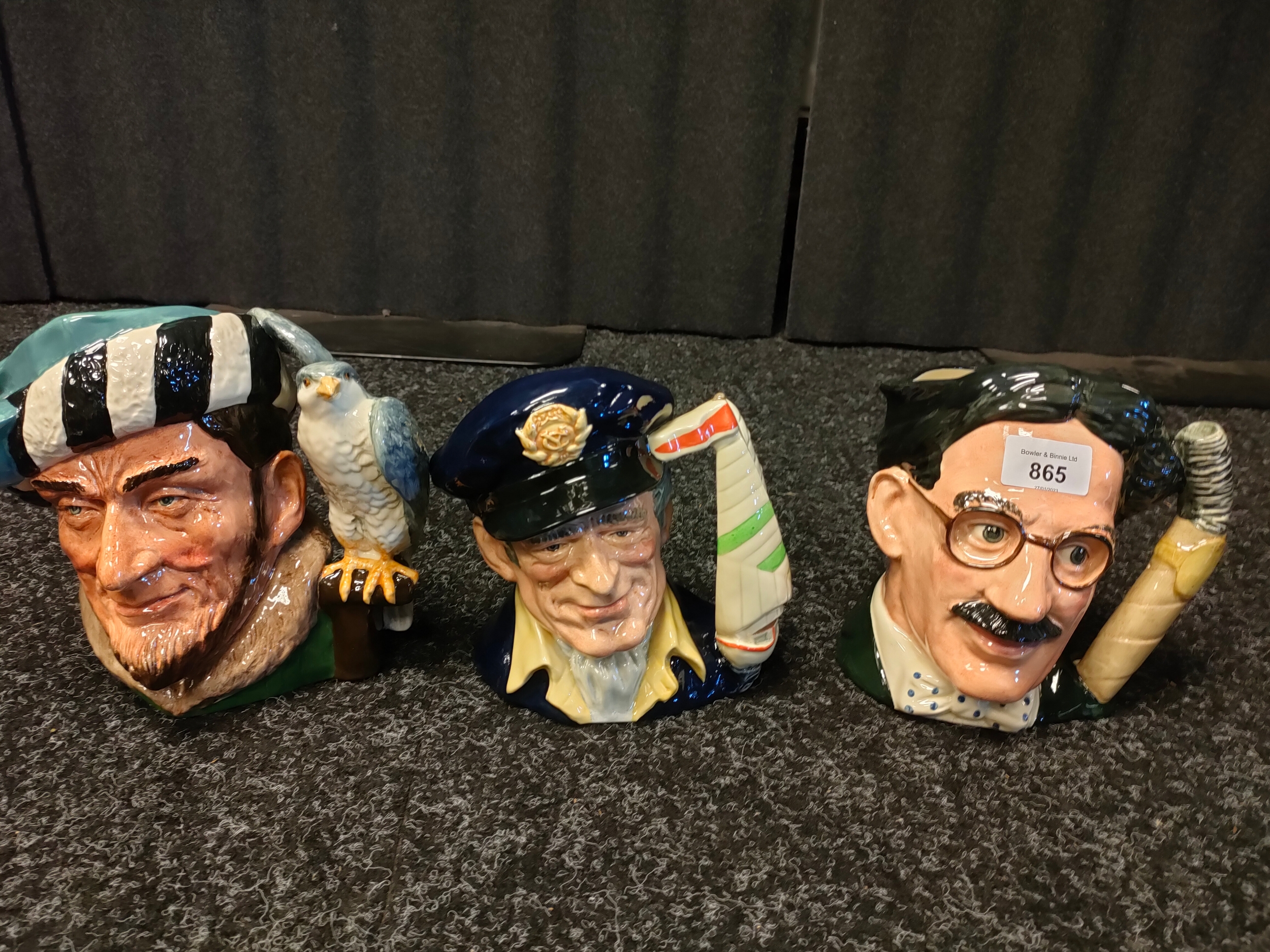 A Collection of 3 Royal doulton Toby character jugs the falconer, yaughtsman and Groucho Marx.