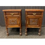 Pair Victorian bed side tables with carved panel fronts. [65x39x57cm]