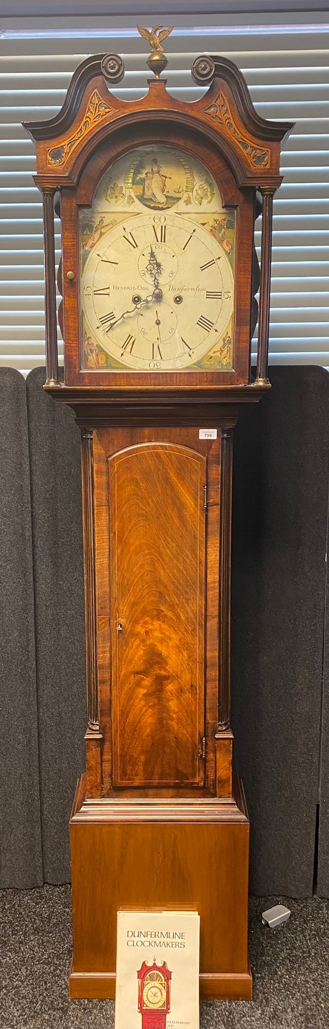 18th/ 19th century Dunfermline Grandfather clock with hand painted face depicting round cartouche