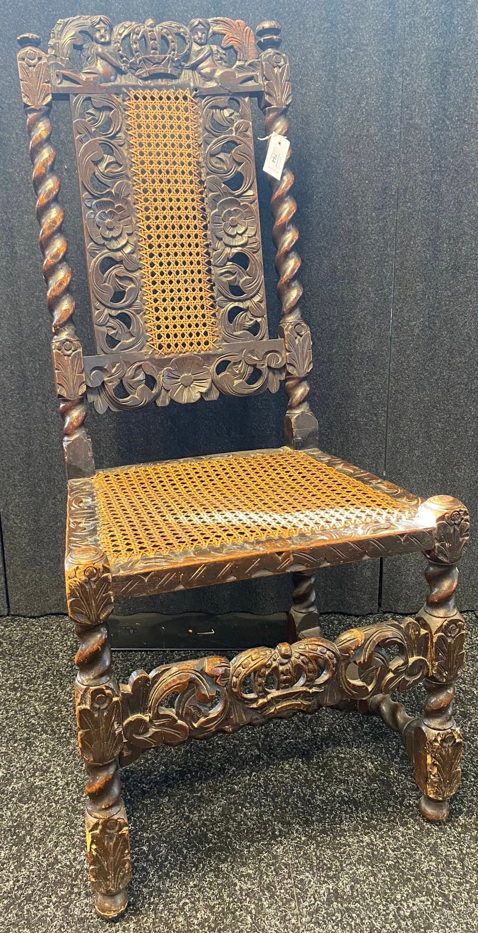 Charles II Walnut side chair- 17th century- the toprail pierced and carved with a crown flanked by - Image 10 of 10